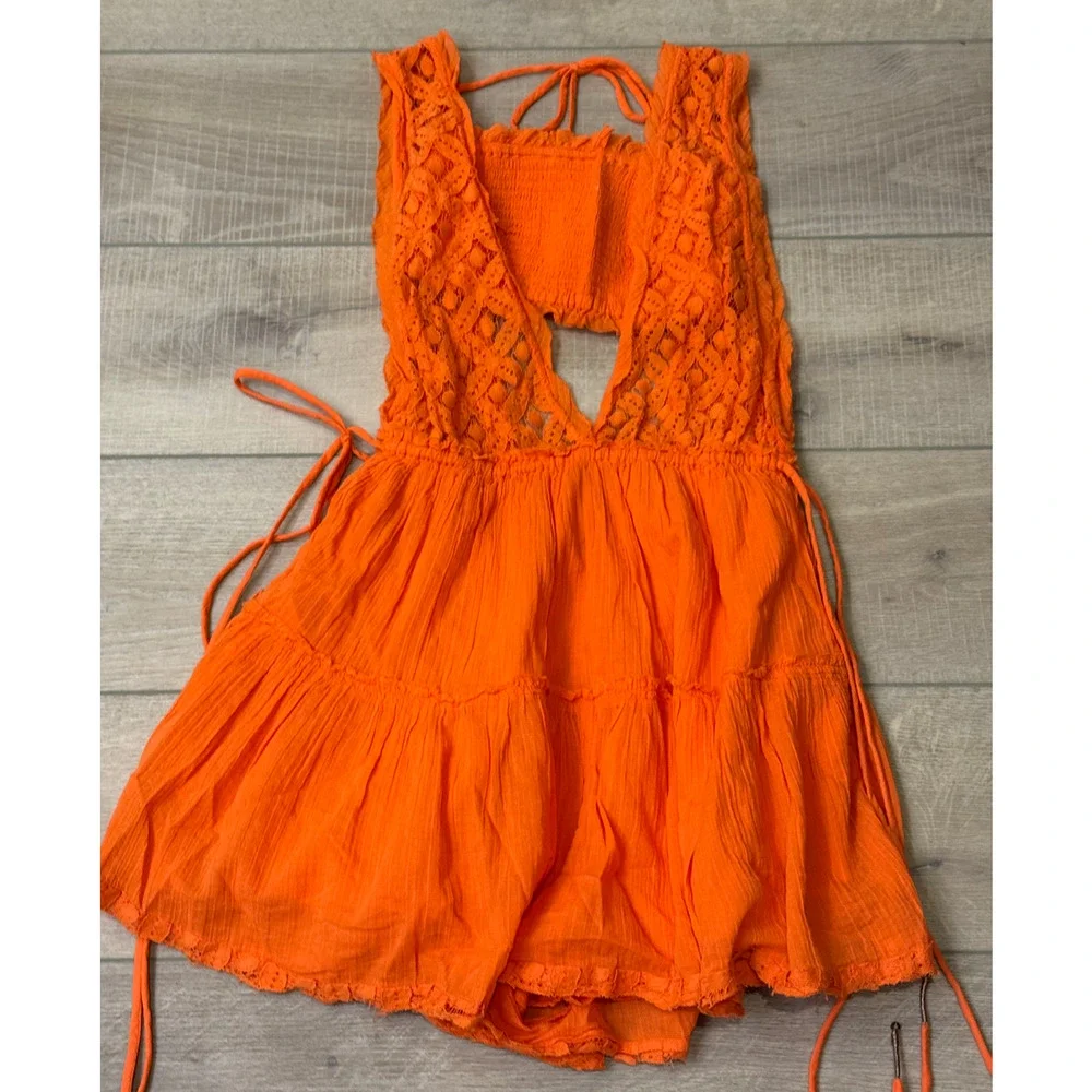 NEW FREE PEOPLE SCARLET IBIS AMALFI BANDEAU TOP ROMPER LACE 2 PIECE SET SZ XS